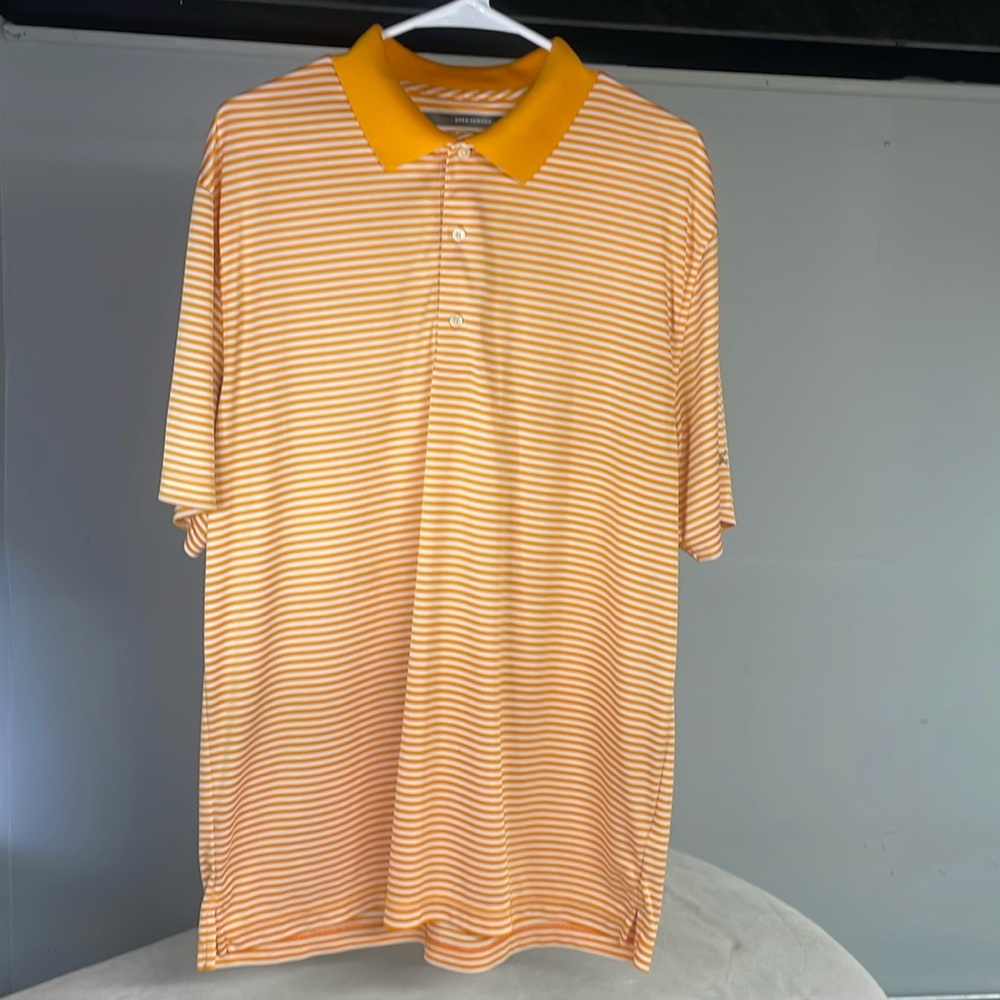 Greg Norman play Dry Large orange and white striped golf shirt